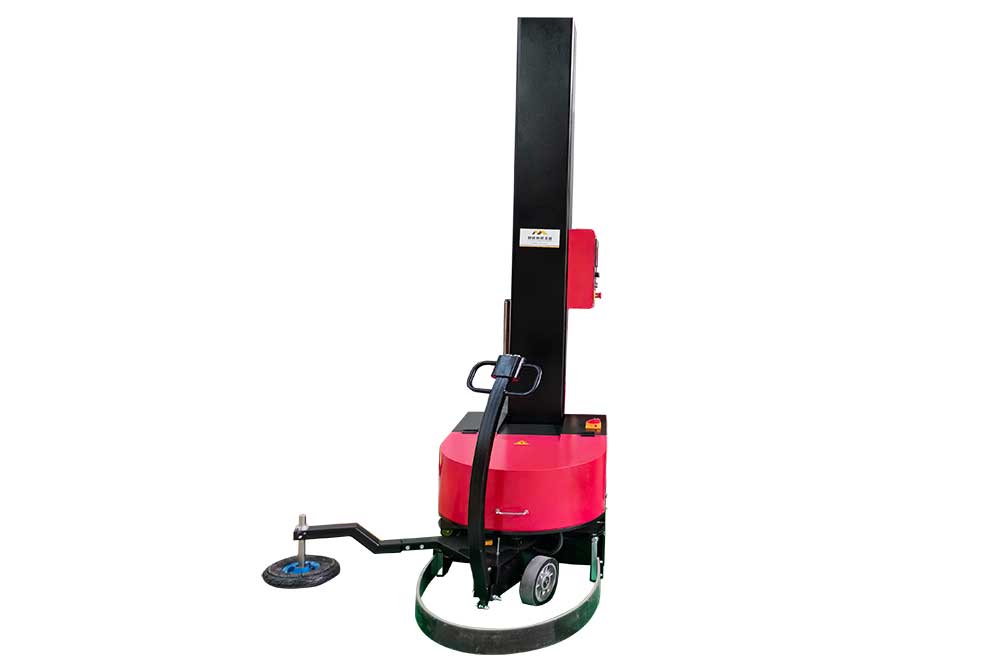Robotic pallet wrapping machine autonomously securing packages with precision.