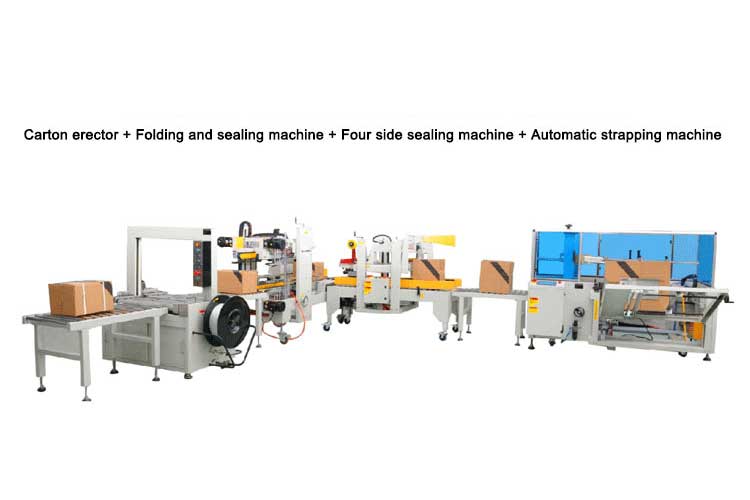 High-speed wrapping line applying stretch/shrink film with adaptive tension.