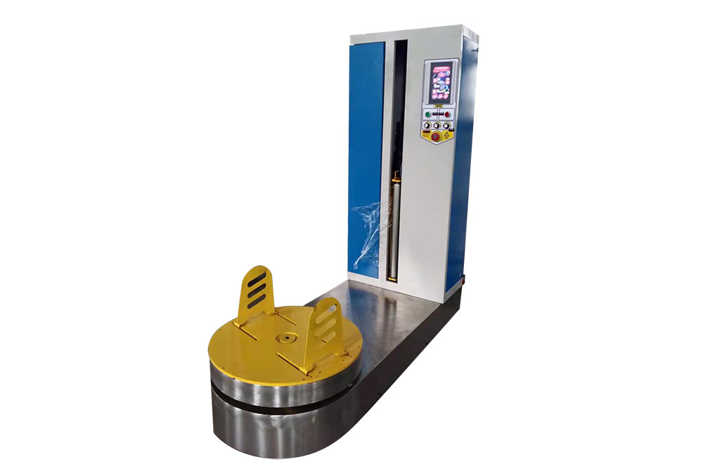 Automated luggage wrapping machine sealing bags for secure air travel.