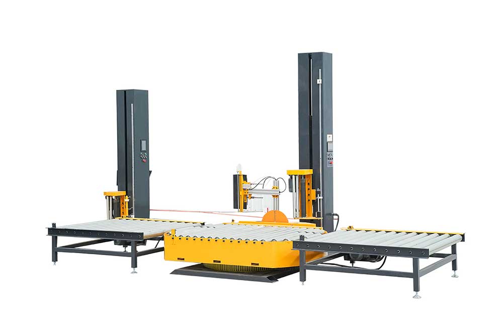 Automated industrial pallet wrapping machine streamlining logistics packaging.