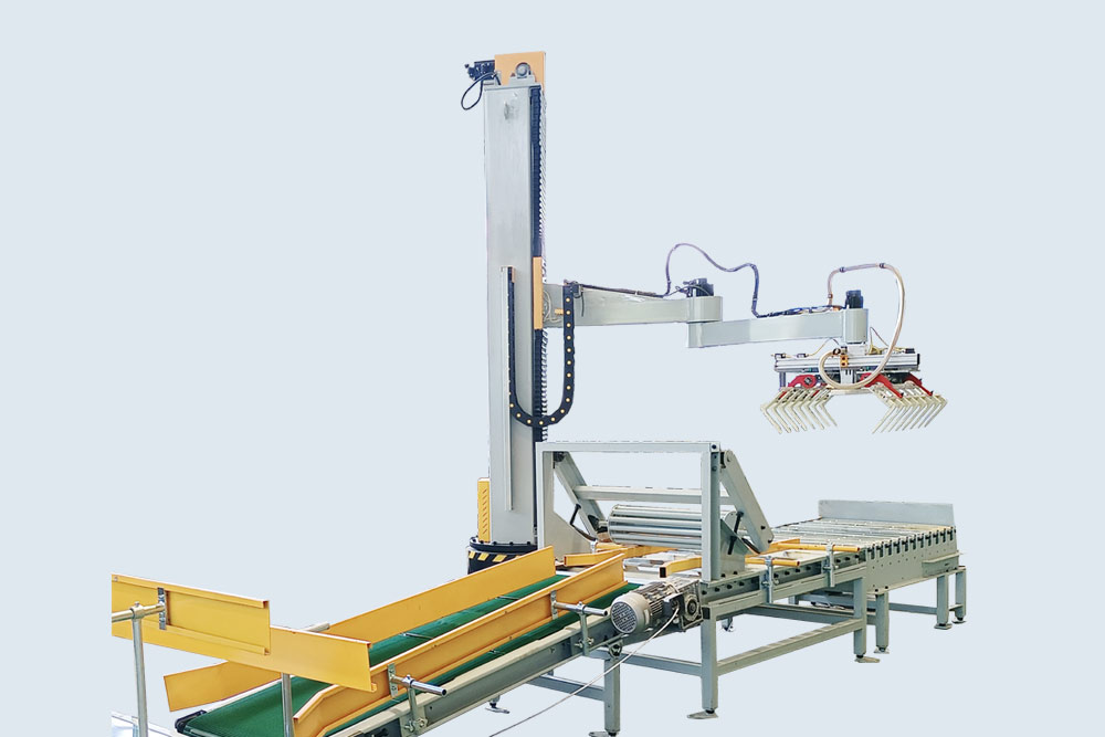 Space-efficient single-column palletizer handling high-volume loads vertically.