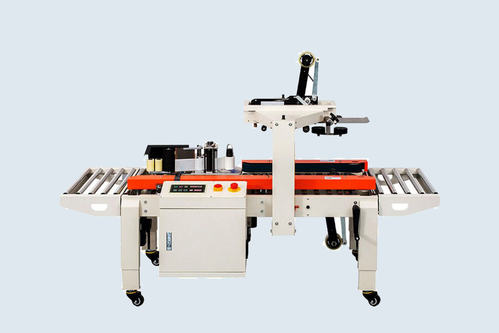 Dual-function machine sealing packages and printing labels simultaneously.