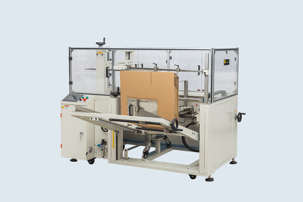 Automatic case erector machine assembling cardboard boxes swiftly.