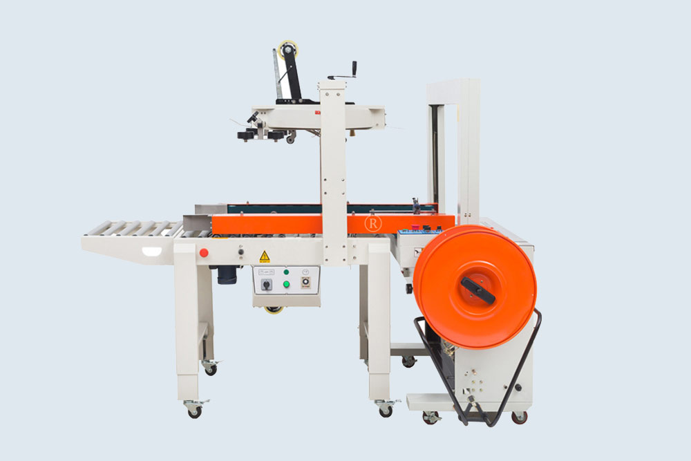 Integrated system sealing boxes and applying straps for logistics.