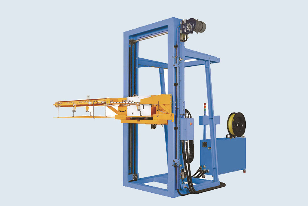 Industrial horizontal strapping machine securing loads with automated tension.